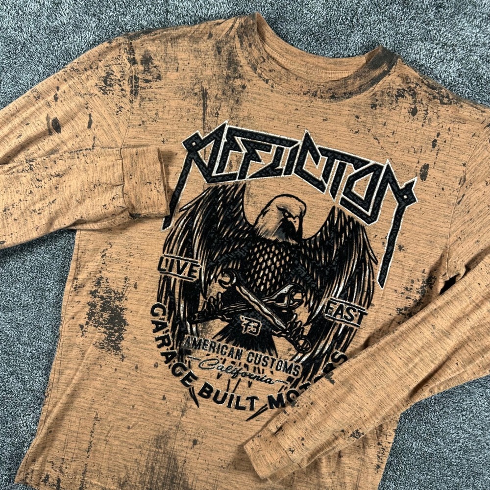 Affliction Shirt Mens Medium Brown Iron Pledge Eagle Flag Grunge Goth Y2K